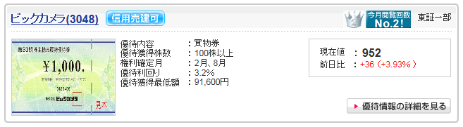 ビックカメラ(3048)をSBI証券で株主優待検索